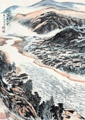 陆俨少（1909～1993） 1978年作 江上人家 镜心 设色纸本