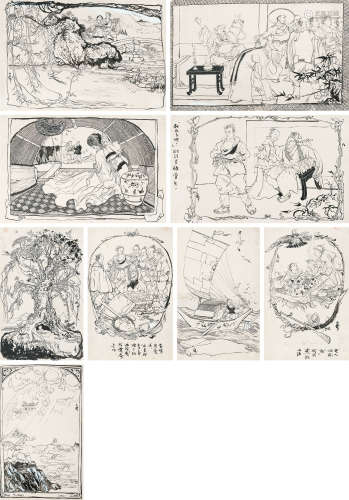 程十发（1921～2007） 问三不问四连环画手稿 镜心 水墨纸本