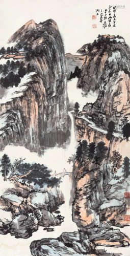 张大千（1899～1983） 1968年作 溪桥观瀑 镜心 设色纸本