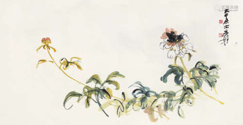 张大千（1899～1983） 芍药花开 横幅 设色纸本