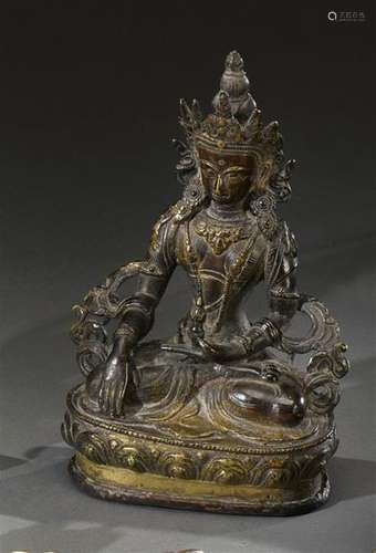 TIBET XIXe siècle Guanyin assise en bronze, faisan…