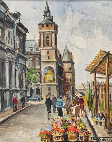 Paul FERON (XXe siècle) Marché aux fls Huile su…