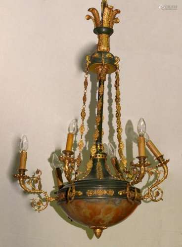 Empire style chandelier in bronze with green and g…