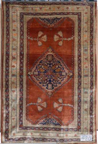 Silk Herat (?) rug with beige and blue floral cent…