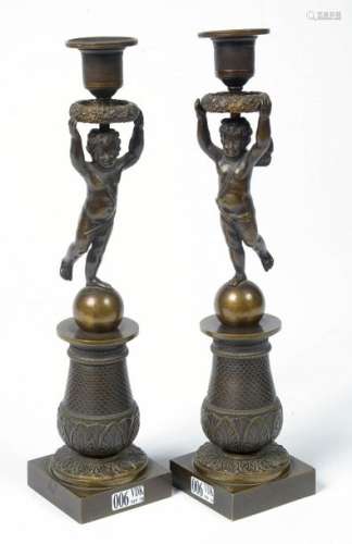 Pair of Empire style bronze candelabra with brown …