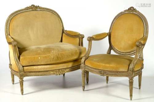 A Louis XVI style armchair and marquise in carved …