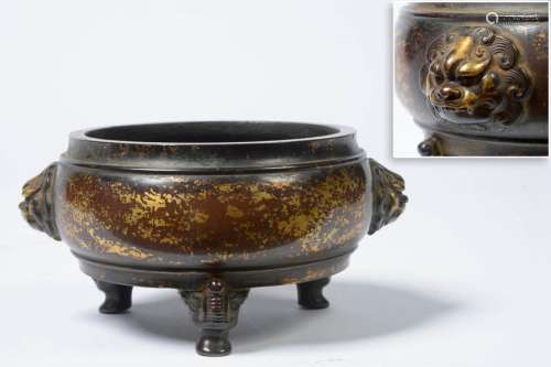 Bronze tripod perfume burner with brown and gold p…