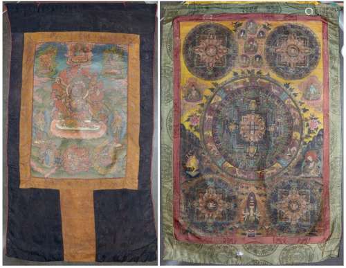 Lot including two thangkas painted on silk represe…