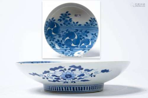 A round plate on Nabeshima stand in blue and white…