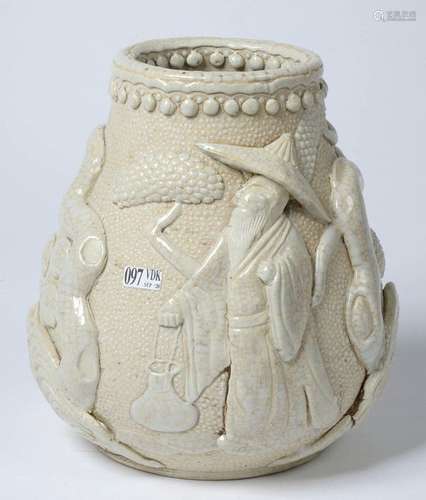 Nanking sandstone vase with a cracked white glaze …