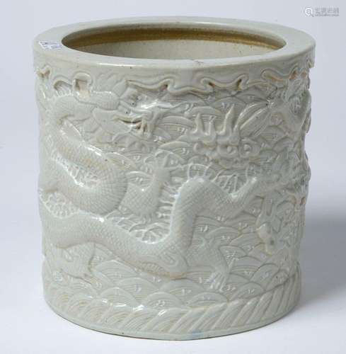 Large Chinese white porcelain brush pot with relie…