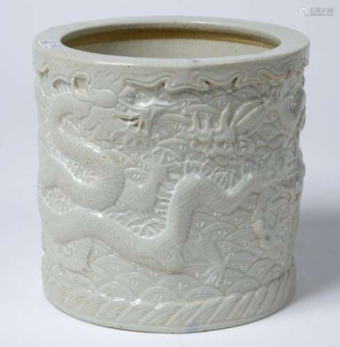 Large Chinese white porcelain brush pot with relie…