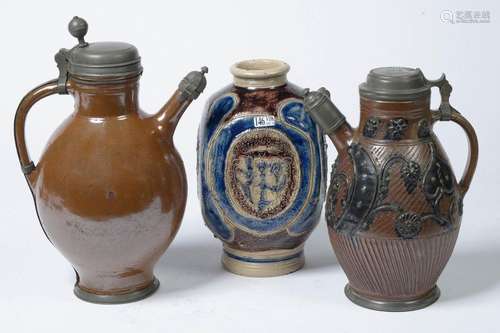 Set of three objects in glazed salted Raeren stone…