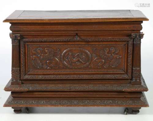 Large Renaissance carved oak chest opening by a le…