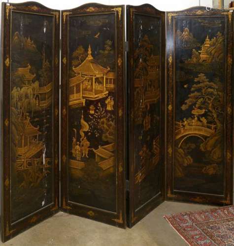 Four double sided black lacquered wooden screen de…