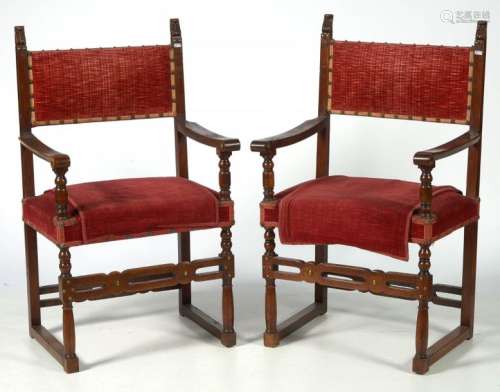 Pair of Renaissance style armchairs in carved waln…