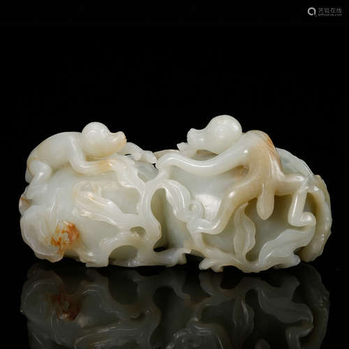 CHINESE CELADON JADE CARVED MONKEY AND PEACH