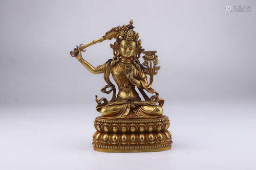 CHINESE GILT BRONZE FIGURE OF MANJUSRI