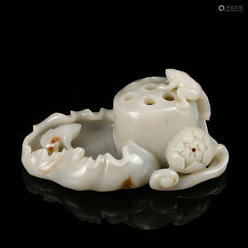 CHINESE CELADON JADE CARVED LOTUS BRUSH WASHER