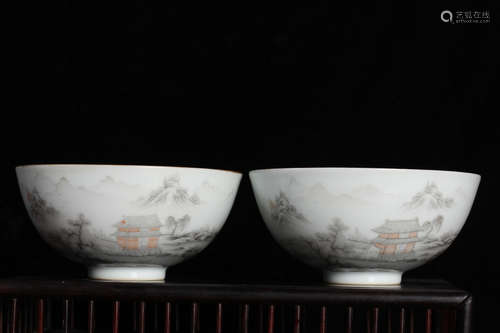 CHINESE PAINTED LANDSCAPE PORCELAIN BOWL, PAIR