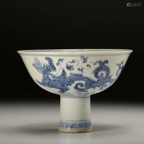 CHINESE BLUE WHITE DRAGON STEM BOWL