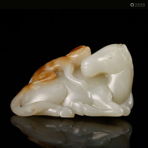 CHINESE WHITE JADE MONKEY ON HORSE