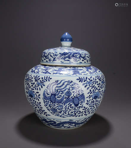 CHINESE BLUE WHITE PHOENIX COVER JAR