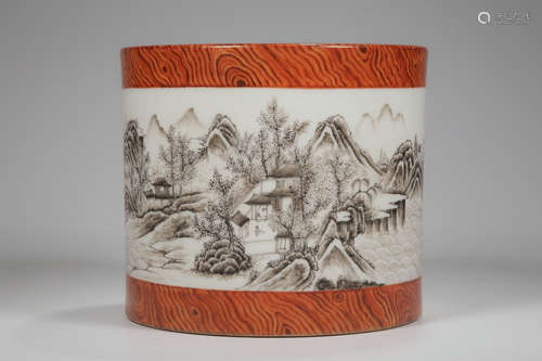 CHINESE WOOD PATTERN LANDSCAPE PORCELAIN BRUSH POT