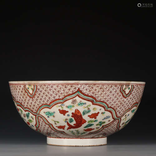 CHINESE RED AND GREEN GOLD FISH PORCELAIN BOWL