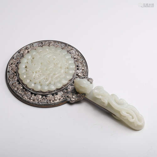 CHINESE WHITE JADE ON SILVER MIRROR