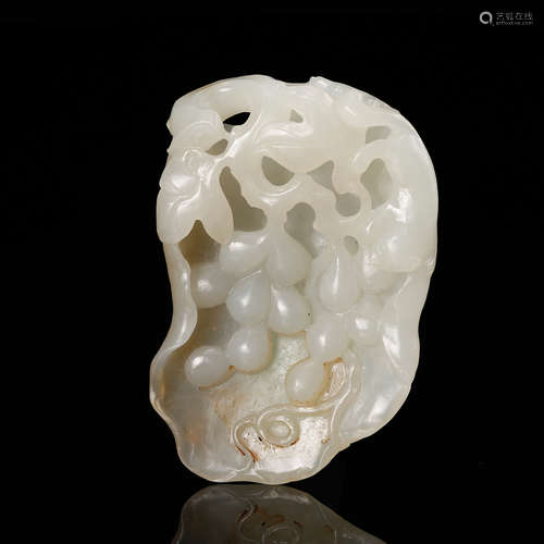 CHINESE WHITE JADE CARVED SQUIRREL AND GRAPES