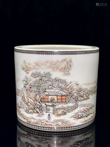 CHINESE PORCELAIN BRUSH POT WITH SNOW SCENE