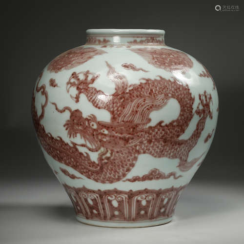 CHINESE IRON RED UNDERGLAZE DRAGON PORCELAIN JAR