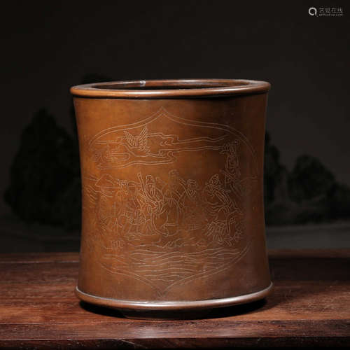 CHINESE BRONZE BRUSH POT WITH SILVER WIRE