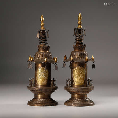 CHINESE GILT SILVER STUPAS, PAIR