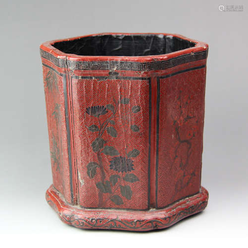 CHINESE HEXAGON LACQUER WOOD BRUSH POT