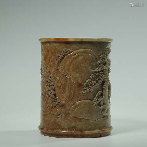 CHINESE SOAPSTONE CARVED BRUSH POT