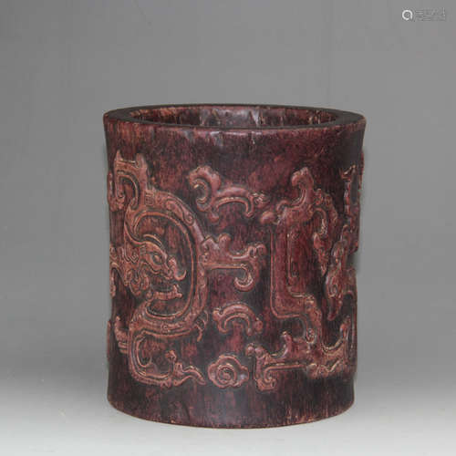 CHINESE HARDWOOD DRAGON BRUSH POT