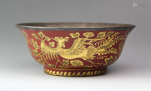 CHINESE LACQUER ON SILVER BOWL WITH MARK