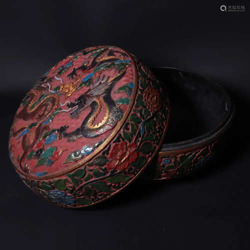 A Chinese Dragon Pattern Carved Red lacquerware Box with Cover