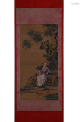 A Chinese Woman Painting Silk Scroll,  Lang Shining Mark