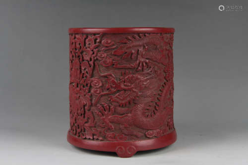 A Chinese Dragon Pattern Carved Red lacquerware Brush Pot