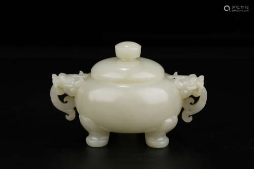 A Chinese Hetian Jade Carved Beast Ears Censer