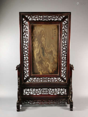 A Chinese Marble Inlaid Wood Table Screen