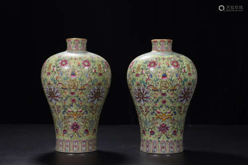 A Pair of Chinese Famille Rose Twine Pattern Porcelain Plum Vase
