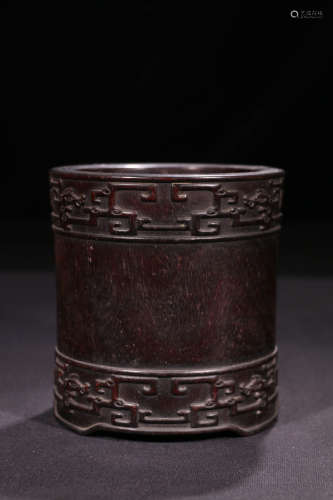 A Chinese Dragon Carved Red Sandalwood Brush Pot
