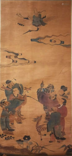 A Chinese FigureS Painting Silk Scroll,  Ding Guanpeng Mark