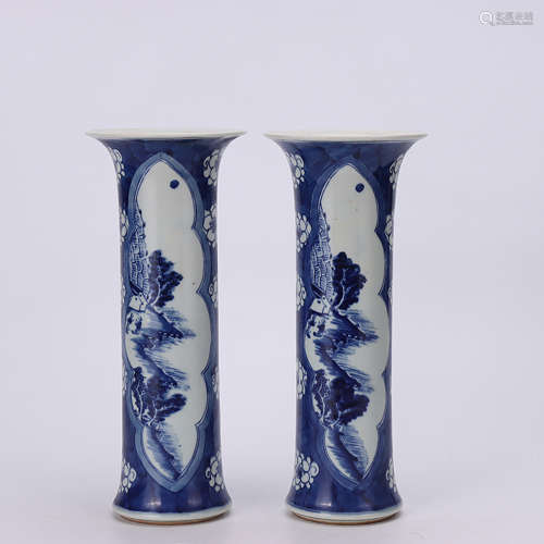 A Chinese Blue and White Landscape Porcelain Flower Vase