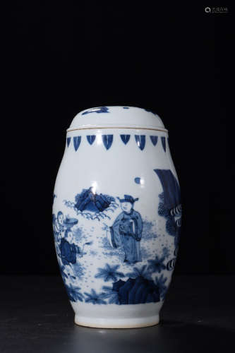 A Chinese Blue and White immortal Painted Porcelain Jar with Cover