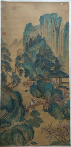 A Chinese Landscape Painting Silk Scroll,  Qiu Ying Mark